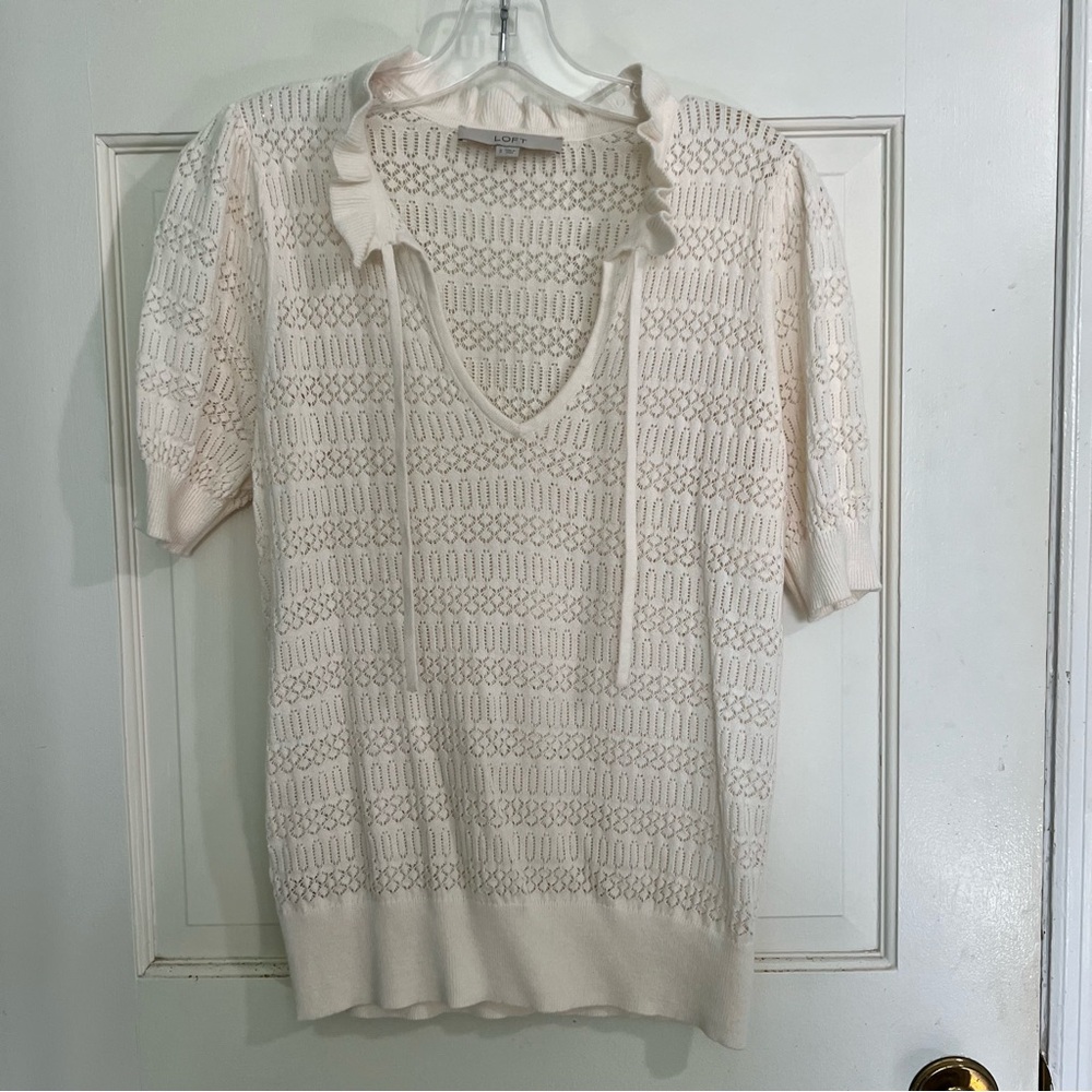 Eyelet cream tie neck sweater blouse